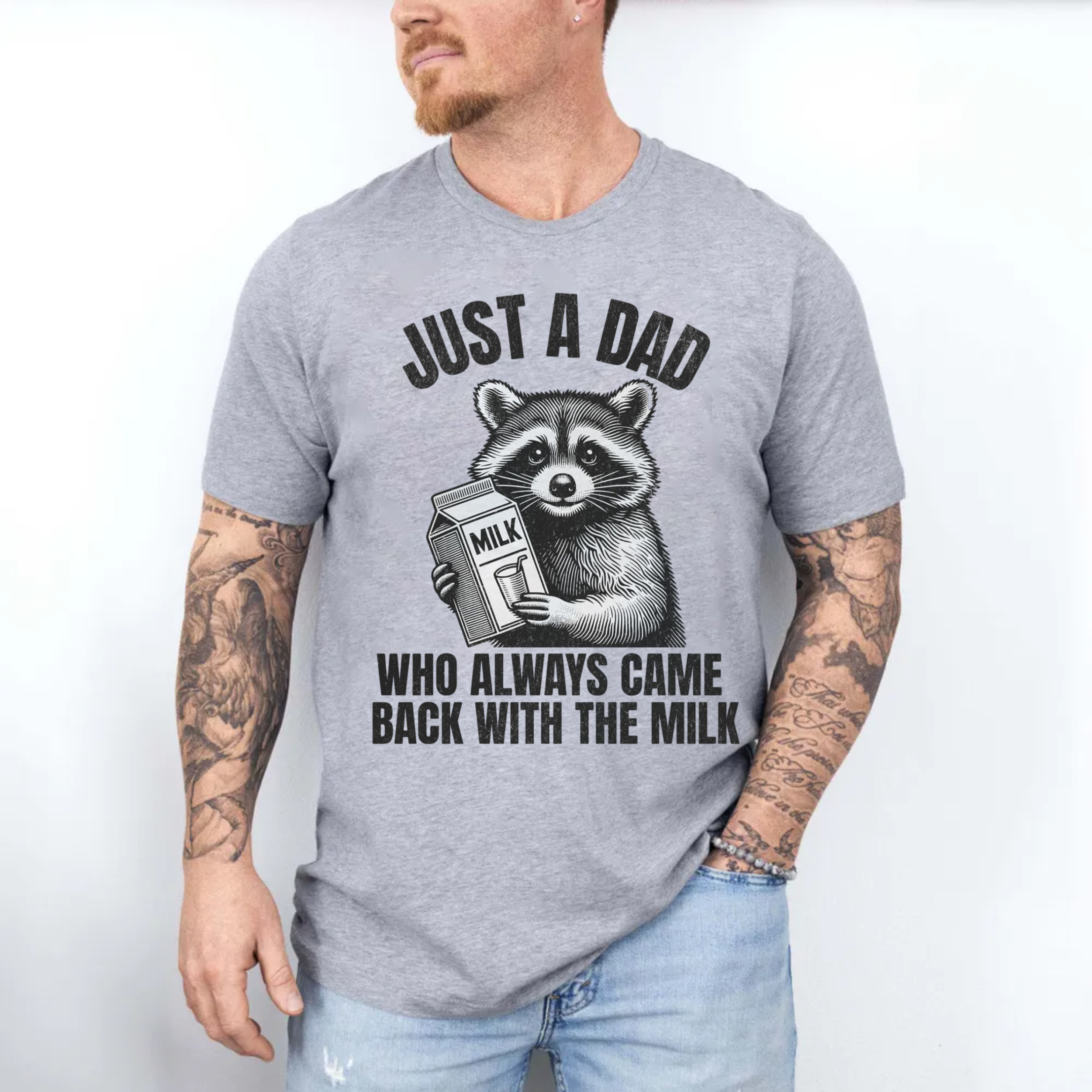 Just A Dad Who Came Back With The Milk Father's Day Raccoon Shirt, Dark Humor Funny Milk T Shirt, Unisex Short Sleeve Tee, Crewneck Top