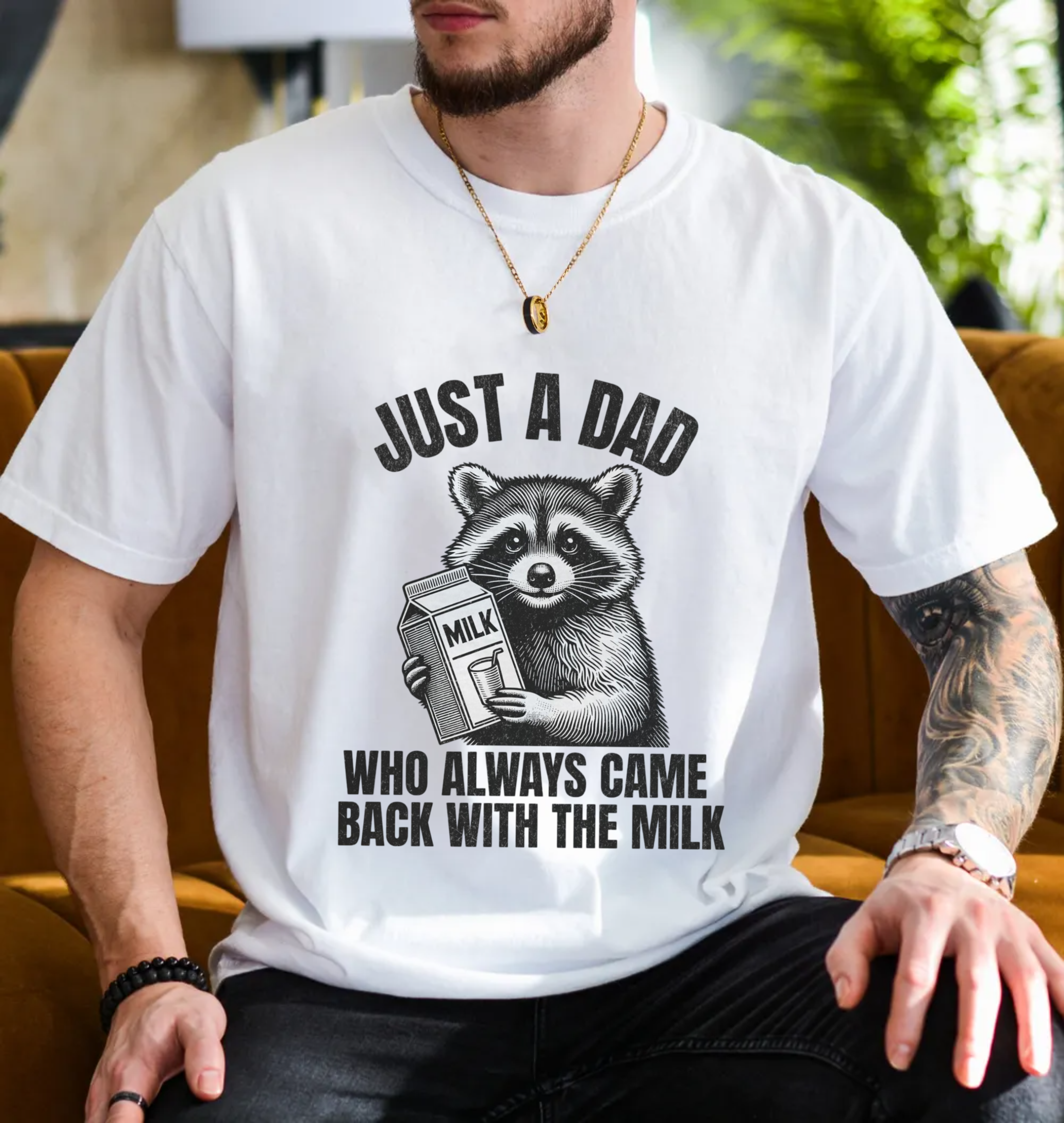 Just A Dad Who Came Back With The Milk Father's Day Raccoon Shirt, Dark Humor Funny Milk T Shirt, Unisex Short Sleeve Tee, Crewneck Top